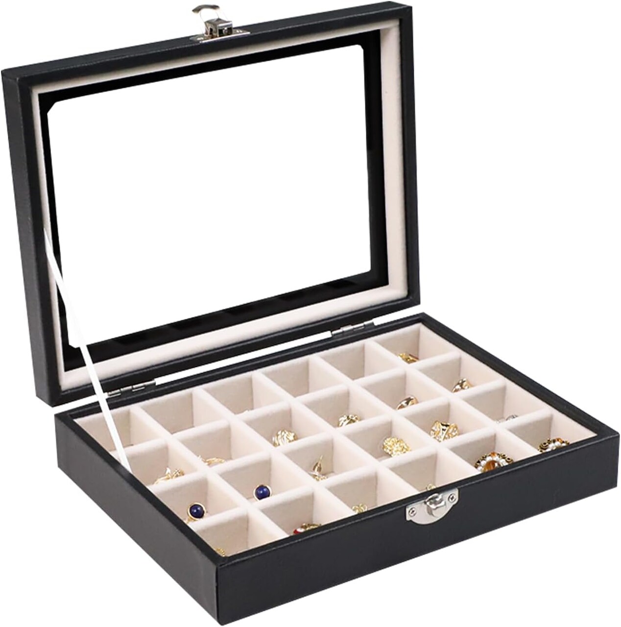 24-Grid Jewelry Box with Clear Lid – Velvet Jewelry Organizer, Ring & Earring Holder for Drawers, Display Case for Women & Girls (Beige)